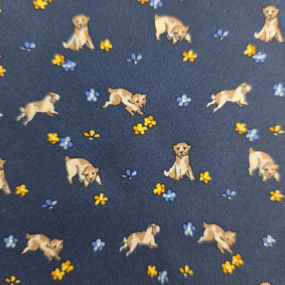 Salvatore Ferragamo Mens Silk Tie Navy Puppy Dog Floral Animal Print Italy